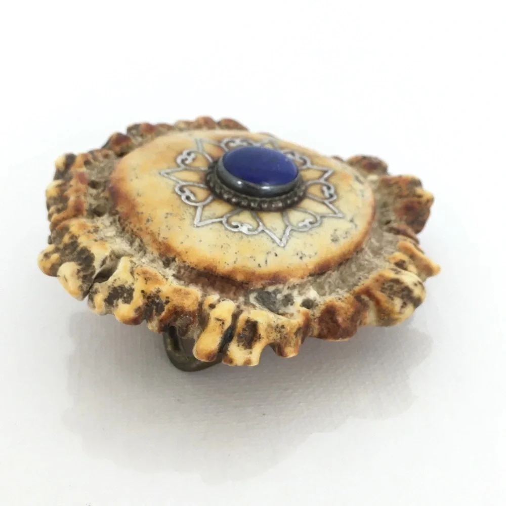 Vintage Handmade Western Antler Belt Buckle Blue Lapis Louise Signed Shanti